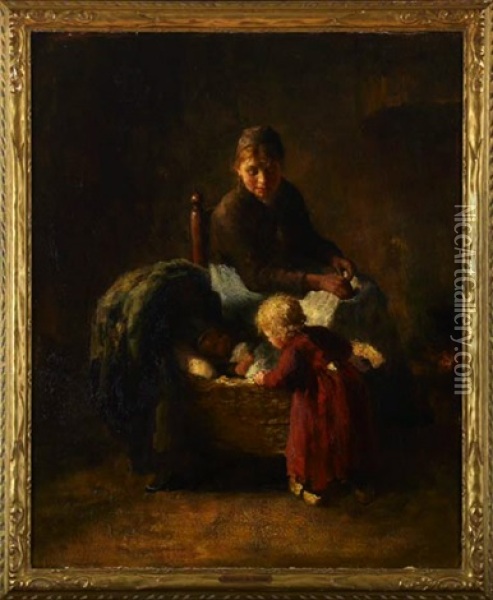 A Mother Knitting With Her Two Children At Her Side Oil Painting - Bernard de Hoog