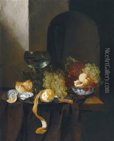 Still-life Of Oysters, Grapes, Wine And Other Fruits Oil Painting - Jacques Grief De Claeuw