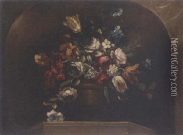 Roses, Tulips, Daffodils, Morning Glory And Other Flowers On An Urn In A Niche Oil Painting - Jean-Baptiste Monnoyer
