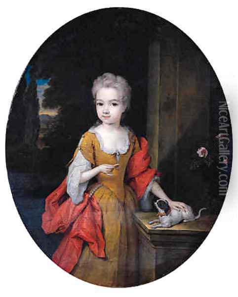 Portrait of Henriette Bentinck (1705-1792), later Countess of Clan Brassill, standing small three-quarter length, on a terrace Oil Painting - Constantin Netscher