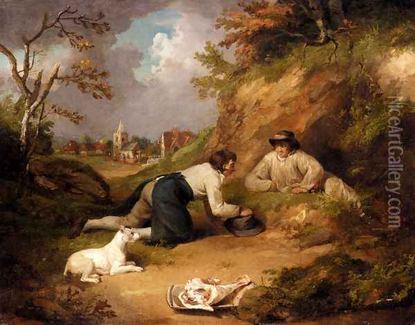 Two Men Hunting Rabbits With Their Dog, A Village Beyond Oil Painting - George Morland