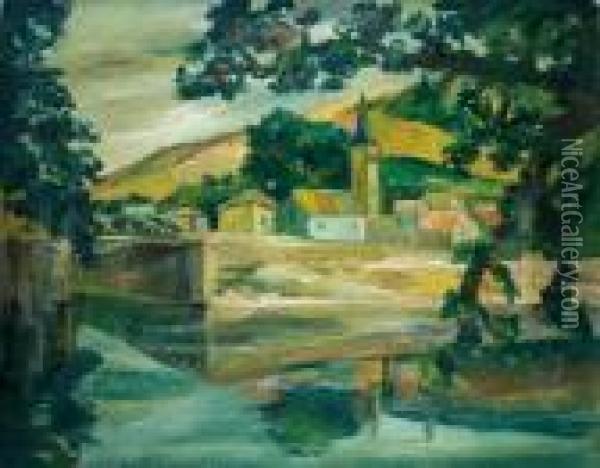 Country Village By Riverside Oil Painting - Adolphe Feder
