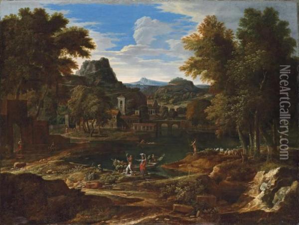An Extensive Classical Landscape
 With Figures Unloading A Boat On A River, A Flock Of Sheep, A Villa And
 Hills Beyond Oil Painting - Etienne Allegrain