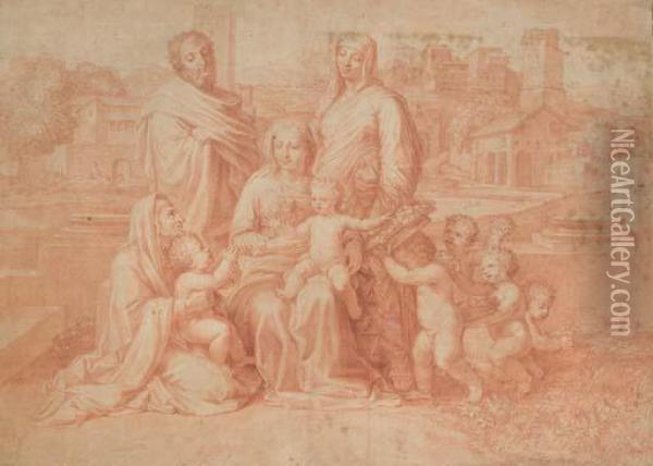 La Sainte Famille A Dix Figures, D'apres Nicolas Poussin Oil Painting - Claudine Bouzonnet-Stella