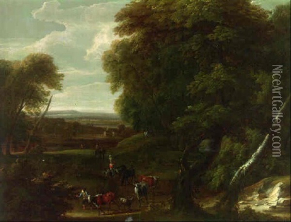 A Wooded Landscape With Drovers On A Track Oil Painting - Jan Baptiste Huysmans