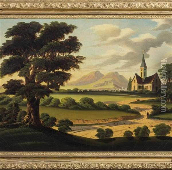 Country Landscape With Village And Chapel Oil Painting - Thomas Chambers