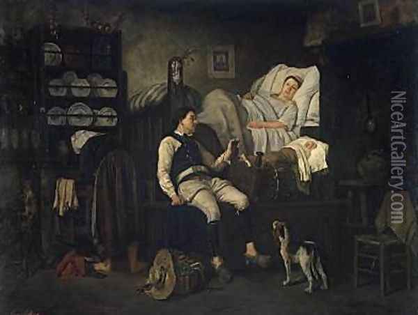 Breton Interior or The Newborn Oil Painting - Eugene Leroux
