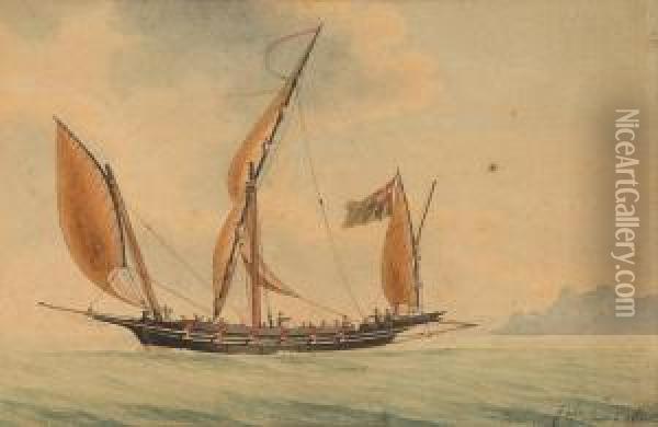 An Armed Xebec Sailing Off A Headland Oil Painting - Louis Francois Pros. Roux