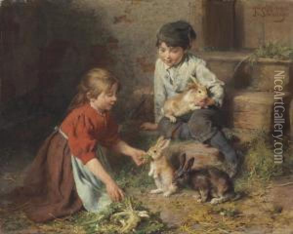 Futterung Der Kaninchen Oil Painting - Felix Schlesinger