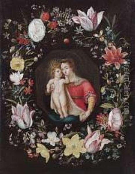 The Madonna And Child Surrounded By A Garland Of Flowers Oil Painting - Frans II Francken