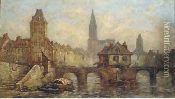 On the river at Petit France, before Strasbourg Cathedral Oil Painting - Jules Achille Noel