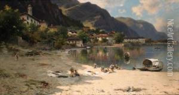 On The Shores Of Lake Lecco Oil Painting - Silvio Poma