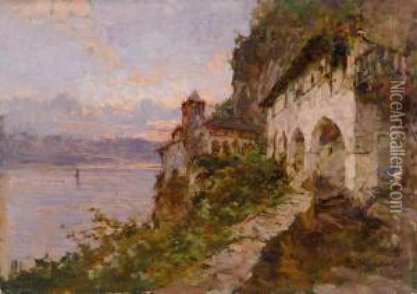 L'eremo Di Santa Caterina Del Sasso,leggiuno, Lago Maggiore Oil Painting - Eugenio Gignous