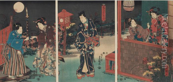 Triptych With Figures Oil Painting - Kunisada