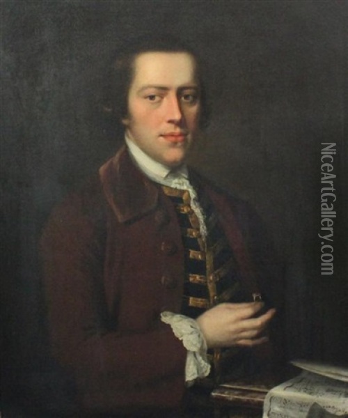 Portrait Of Roger Simpkinson (born 1732) Holding A Ring, With Sheet Music Before Him Oil Painting - George (Sir) Chalmers