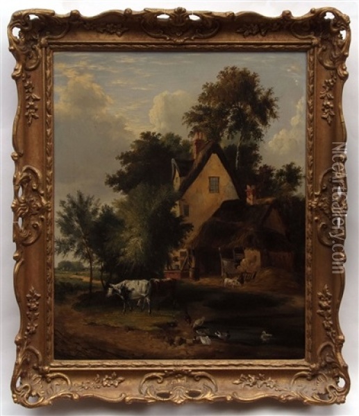 Landscape With Cattle And Chickens Before A Cottage Oil Painting - John Berney Ladbrooke