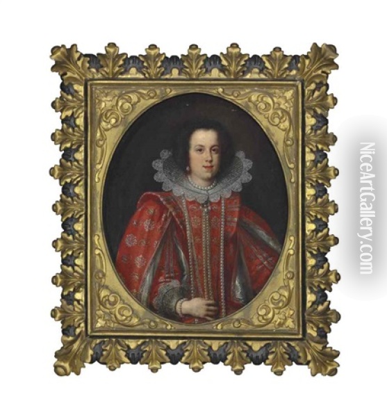 Portrait Of Vittoria Della Rovere, Grand Duchess Of Tuscany (1622-1694), Half-length, In A Red Embroidered Dress With Pronounced Shoulder Wings And A Lace Ruff, A Pearl Necklace And Earrings Oil Painting - Justus Sustermans