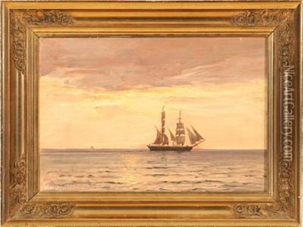 Marine With A Brig At Sunset Oil Painting - Vilhelm Karl Ferdinand Arnesen