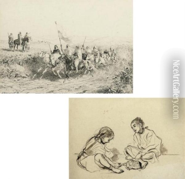 L'escorte Du Caid; The Arabian Warriors Oil Painting - Jules Jacques Veyrassat