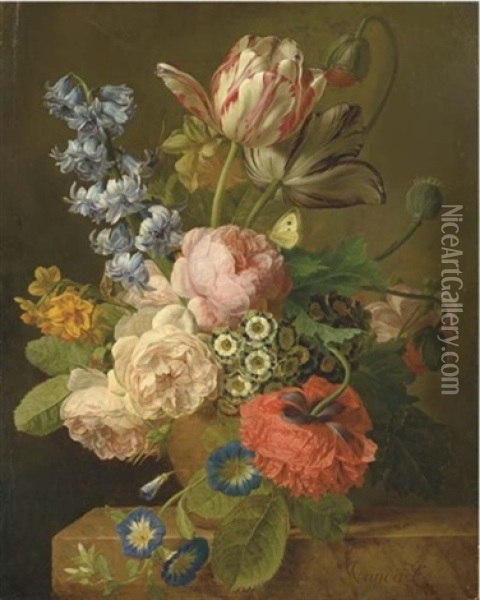 Bouquet De Roses, Jacinthes, Narcisses, Auriculas, Jonquilles, Tulipes Et Pavots Dans Un Vase Sur Un Entablement Oil Painting - Jan Frans Van Dael