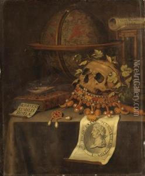 A Vanitas Still Life With A 
Skull In A Jewelled Crown, Anastrological Globe, An Hourglass, A Book, A
 Shell With Soap Bubblesand A Portrait Of The Emperor Augustus On A 
Draped Table Oil Painting - Edwart Collier