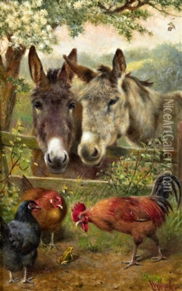 Two Donkies Leaning Over A Fence Watching Chickens And A Cockrell Scratching Around A Frog Oil Painting - William Weekes