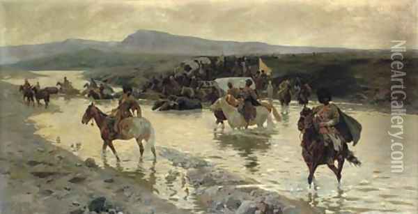 The river crossing Oil Painting - Franz Roubaud