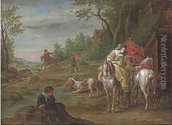 A wooded river landscape with a hunting party on a track Oil Painting - Carel van Falens or Valens