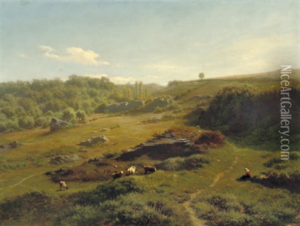 Cattle In An Extensive Summer Landscape Oil Painting - Jean Baptiste Kindermans