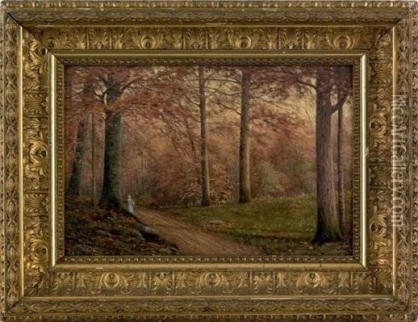 Autumn Landscape With Women Walking Down A Path Oil Painting - George Thompson Hobbs