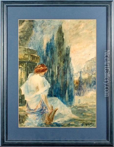 Maiden With Lyre In An Italiana Telandscape Oil Painting - Gabriel Griffon