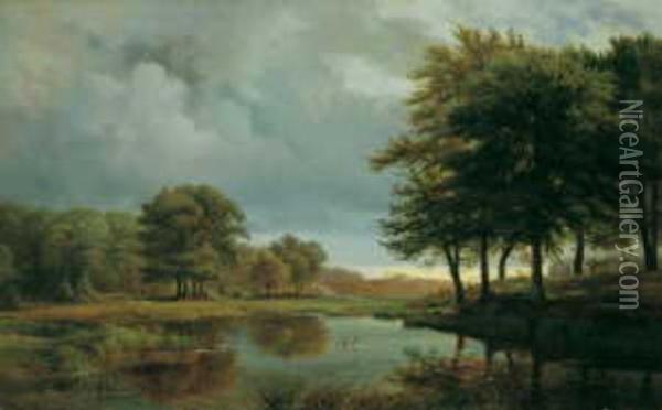 Bewaldete Landschaft Mit Rehen An Einem Gewasser Oil Painting - Ludwig H. Theodor Gurlitt