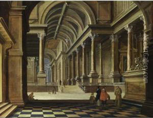 An Interior Of An Imaginary 
Classical Church With An Elegant Couple Conversing With A Monk In The 
Foreground Oil Painting - Bartholomeus Van Bassen