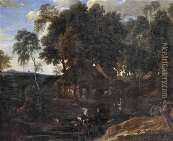 The Forest Of Soignes With Farmhouses, Peasants, Cows And Goats At A Watering Hole Oil Painting - Jacques d' Arthois