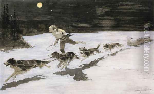 Huskie Dogs on the Frozen Highway Oil Painting - Frederic Remington