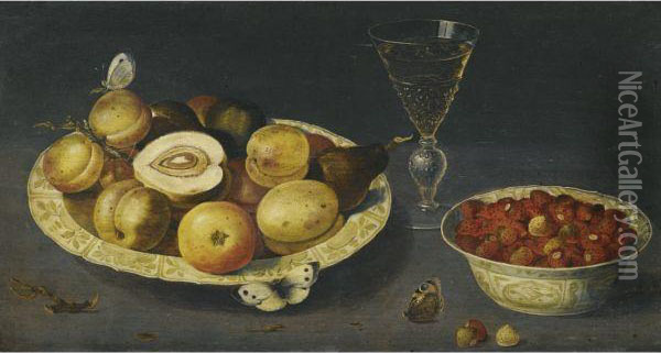 A Still Life With Strawberries, Pears And Peaches In Two Porcelainbowls On A Table With A Wineglass And Butterflies Oil Painting - Osias, the Elder Beert