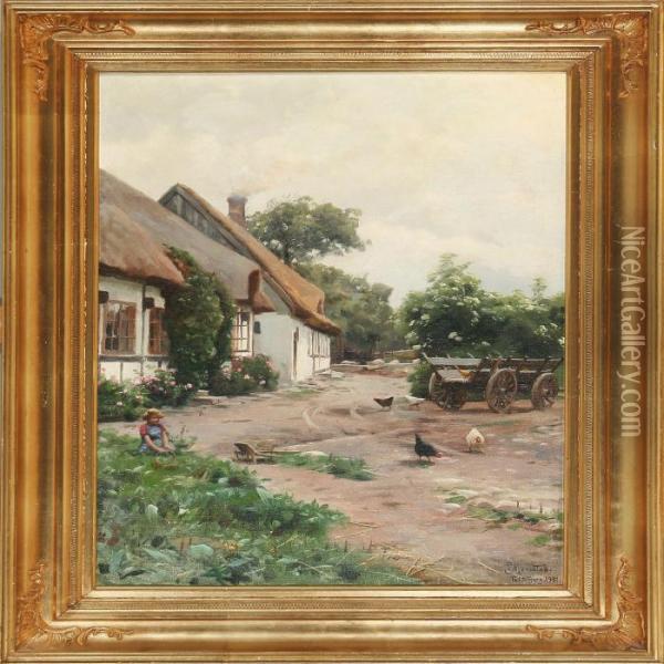 Farm Exterior With Alittle Girl Playing In The Grass Oil Painting - Peder Mork Monsted