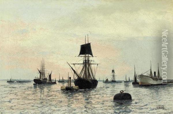 Towing In The Brig At Dusk Oil Painting - Edwin Fletcher