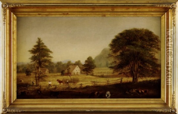 Autumnal Landscape With House, Barn, Animals And Family Haying The Fields Oil Painting - George Henry Durrie