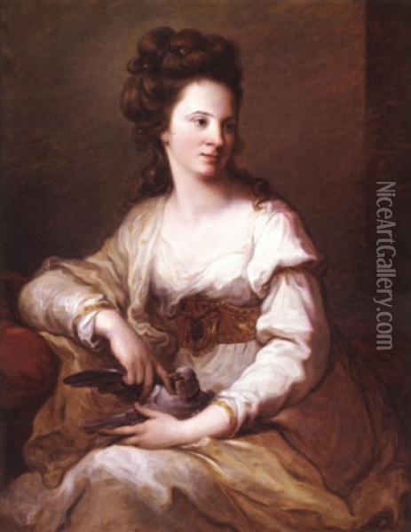 Portrait Of A Lady In A White Dress Holding A Dove Oil Painting - Angelika Kauffmann