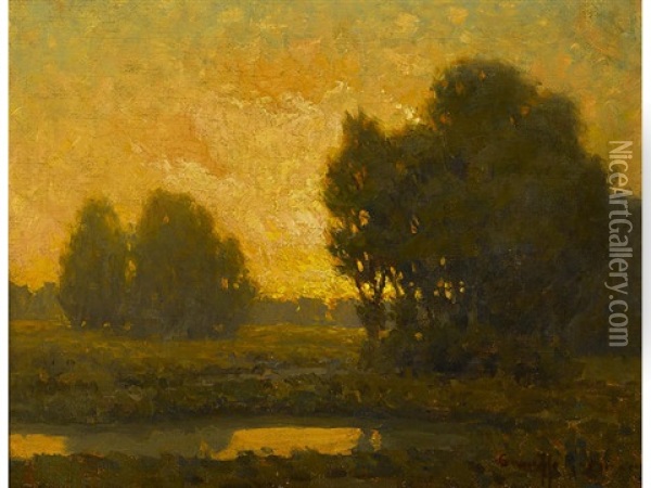 Golden Hour, Sunset Over A Landscape Oil Painting - Granville S. Redmond