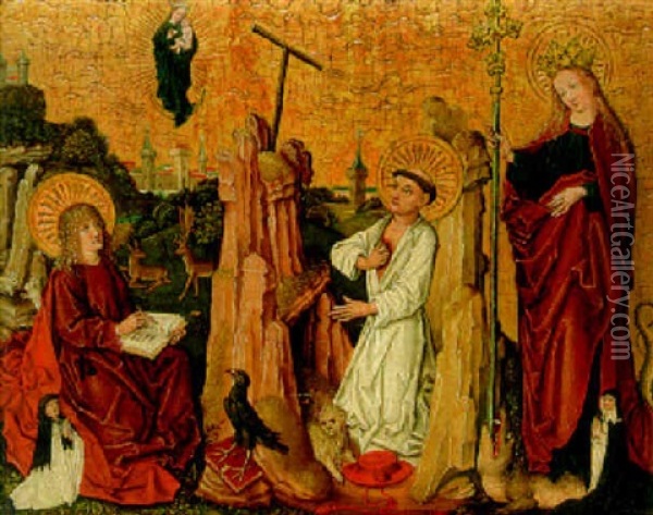 Saint John The Evangelist Writing The Revelation, Saint Jerome And Saint Margaret Of Antioch, A Male Cleric And A Nun Oil Painting -  Master of the Coburg Roundels
