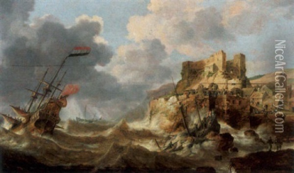 Shipwrecking In Stormy Seas, With A Fortification On A Cliff Oil Painting - Bonaventura Peeters the Elder