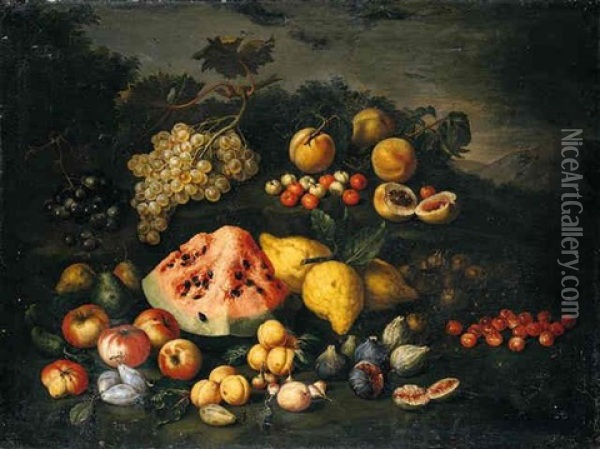 Still Life Of Watermelon, Lemons, Peaches, Apples, Plums, Cherries And Figs In An Open Landscape Oil Painting - Bartolommeo Bimbi