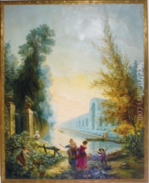 Elegant Figures Boating In The Park (+ Another; 2 Works) Oil Painting - Hubert Robert