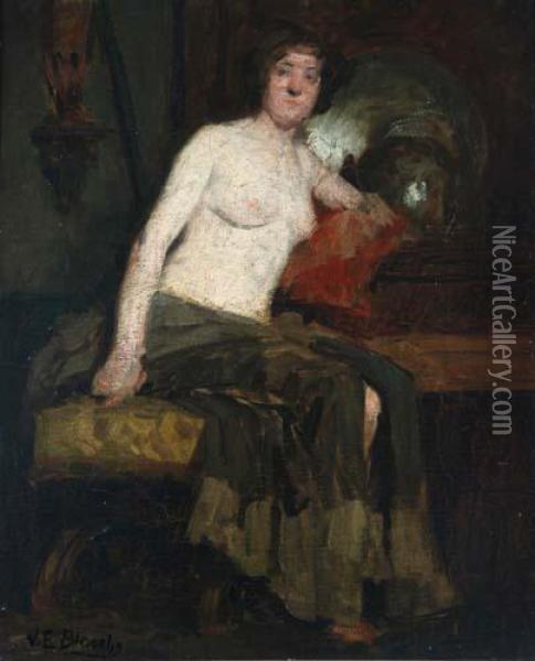 Interieur Mit Sitzendem Weiblichen Halbakt Oil Painting - Jacques-Emile Blanche