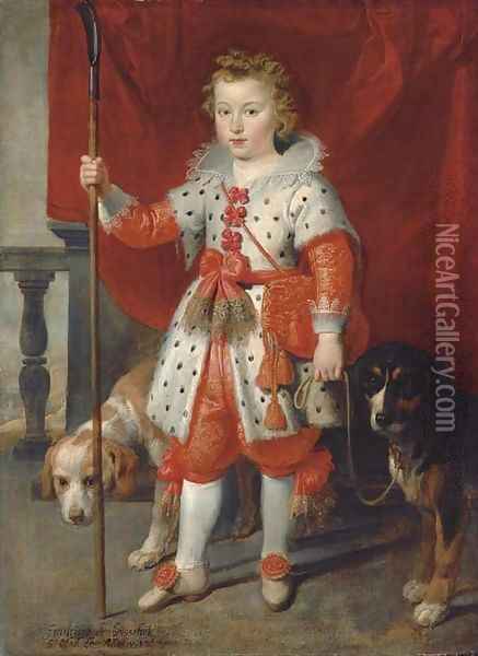 Portrait of a boy, traditionally called Francois de Boisschot, Comte d'Erps, full-length, in an ermine coat with red bows and red hose, on a balcony Oil Painting - Cornelis De Vos