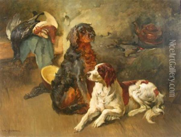 Two Spaniels With Game Oil Painting - Karl Kristian Uchermann