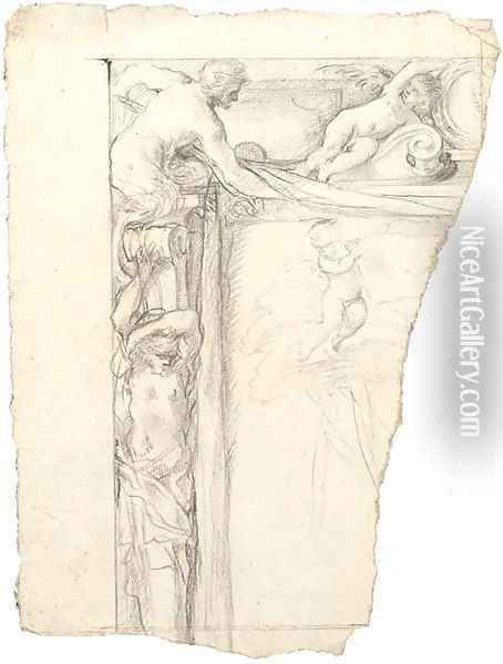 Design for a frame with an herm below a satyr and a putto supporting the portrait of a cardinal Oil Painting - Giovanni Francesco Romanelli