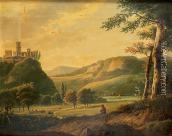 Paysage De Campagne A La Riviere Surmonte Par Les Ruines D'un Chateau-fort Oil Painting - Jean Baptiste Coene